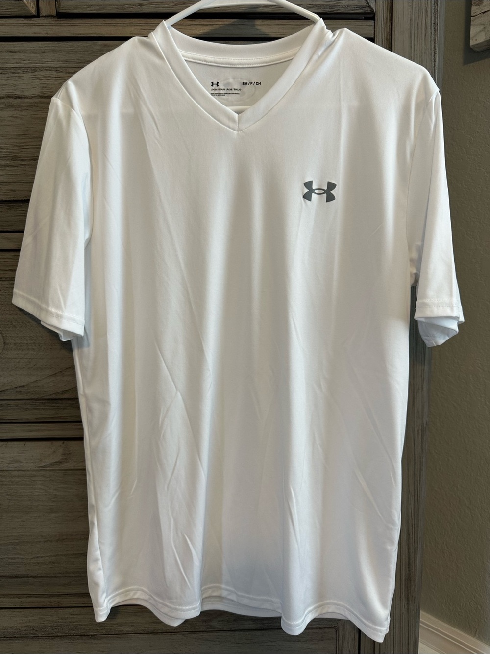 Under Armour Men’s White V-Neck Athletic Polo with Gray Logo